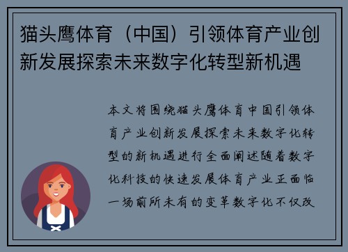猫头鹰体育（中国）引领体育产业创新发展探索未来数字化转型新机遇